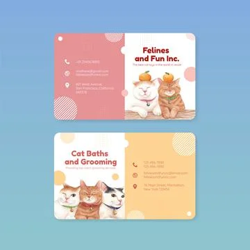Name card template with cute cat concept watercolor illustration Stock Illustration