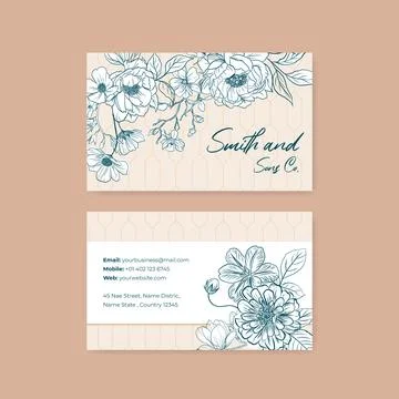 Name card template with spring line art concept design watercolor illustratio Stock Illustration
