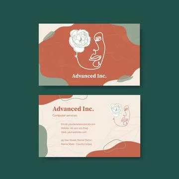 Name card template with spring line art concept design watercolor illustratio Stock Illustration