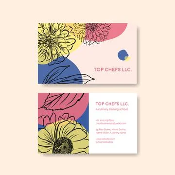 Name card template with spring line art concept design watercolor illustratio Stock Illustration