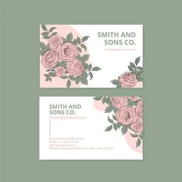 Name card template with spring line art concept design watercolor illustratio Stock Illustration