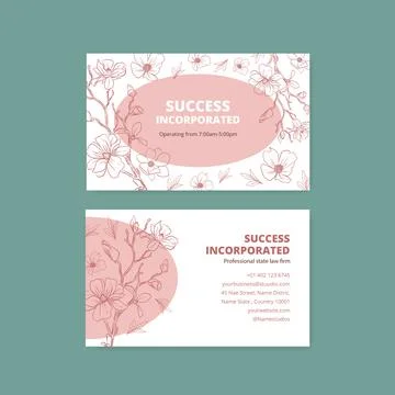 Name card template with spring line art concept design watercolor illustratio Stock Illustration