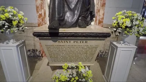 Name Plate on Saint Peter Statue inside Manila Cathedral, Intramuros Stock Footage 202155610