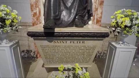 Name Plate on Saint Peter Statue inside Manila Cathedral, Intramuros Stock Footage 202155633