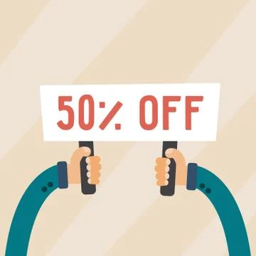 Nameplate in hands with 50 percent off text 스톡 일러스트