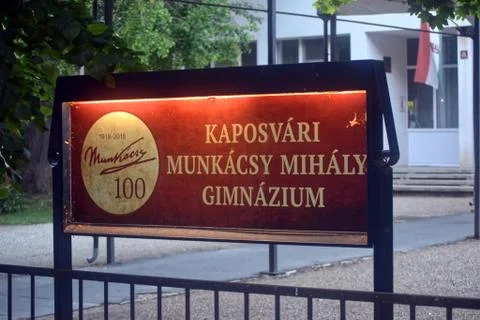The nameplate of the Mihcsy Munkcsy grammar school in Kaposvr in the city cen Stock Illustration