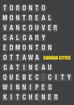 Names of Canadian Cities on Split flap Flip Board Display Illustrazione stock