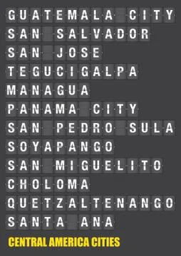 Names of Central American Cities on Split flap Flip Board Display Illustrazione stock