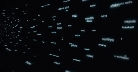 Names of programming languages passing on a virtual screen Stock Footage 79544758