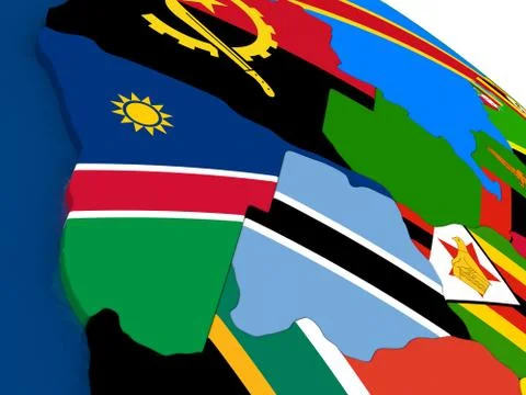 Namibia and Botswana on 3D map with flags Stock Illustration