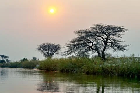 Namibia. The banks of Okavango river at dusk Stock Photos