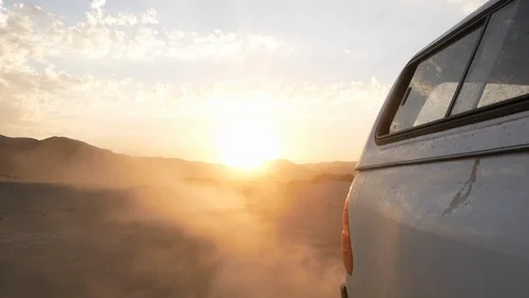 Namibia camera car, dry landscape, Africa in HD retro car view beautiful sunset Stock Footage 90887343