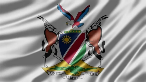 Namibia coat of arms printed on waving white fabric material Stock Footage 344165008