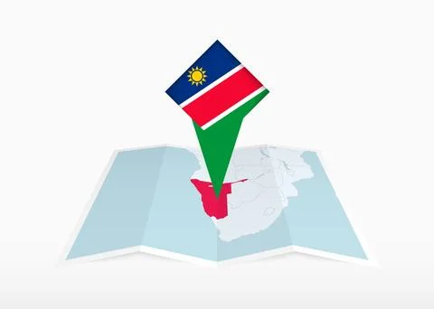 Namibia is depicted on a folded paper map and pinned location marker with f.. Stock Illustration