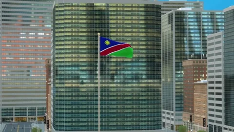 Namibia Flag 3D Render Animation on Pole with Modern Business District Build Video stock 332884077