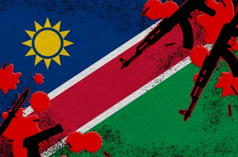 Namibia flag and guns in red blood. Concept for terror attack and military op Illustrazione stock