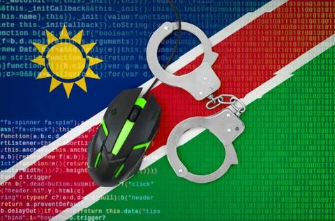 Namibia flag  and handcuffed computer mouse. Combating computer crime, hacker Stock-Fotos