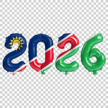 Namibia flag colors 2026 3d illustration, balloon numbers 3d rendering on t.. Stock Illustration