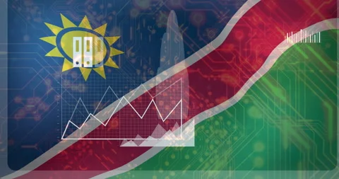 Namibia flag with financial data charts and circuit board animation Video stock 306509082