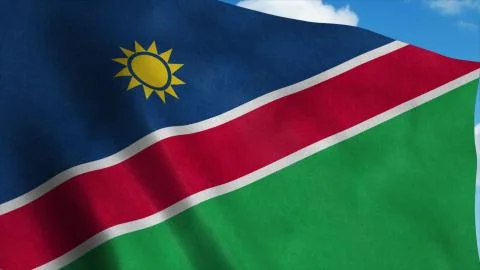Namibia flag on a flagpole waving in the wind, blue sky background. 3d render Stock Illustration