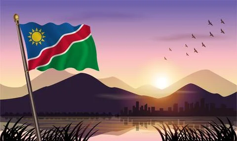 Namibia flag flying against a beautiful sunrise sky Stock Illustration