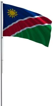 Namibia flag on metal flagpole flies in wind 3D rendering Stock Illustration