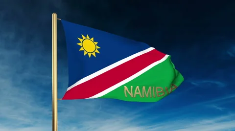 Namibia flag slider style with title. Waving in the wind with cloud background Stock Footage 48910049