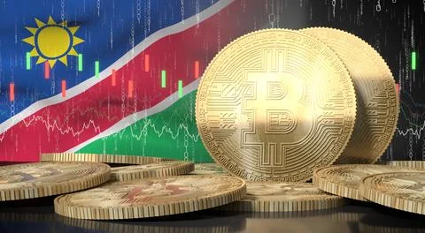 Namibia - golden cryptocurrency bitcoins and financial data - 3D illustration Stock Illustration