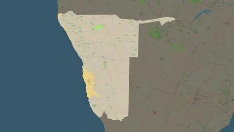 Namibia highlighted on a topographic, OSM standard style map Stock Illustration