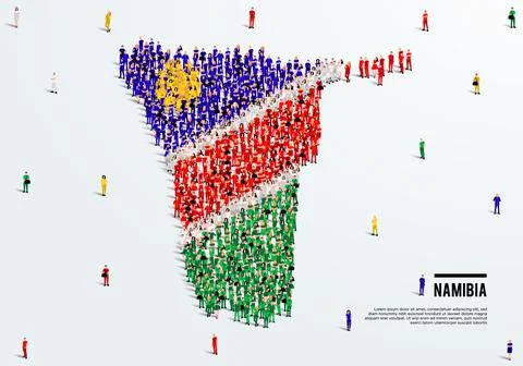 Namibia Map and Flag. A large group of people in the Namibia flag color. Stock Illustration