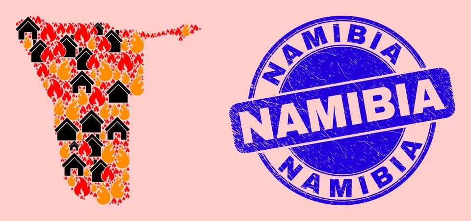 Namibia Map Mosaic of Fire and Buildings and Grunge Namibia Seal Stock Illustration