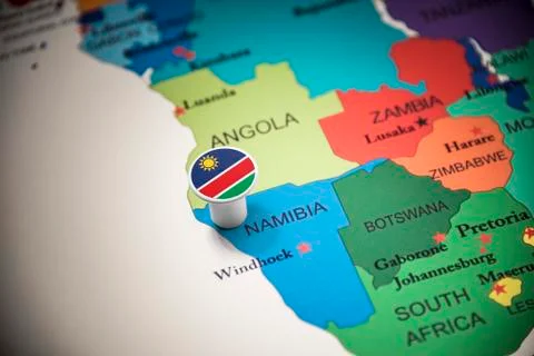 Namibia marked with a flag on the map Stock Photos