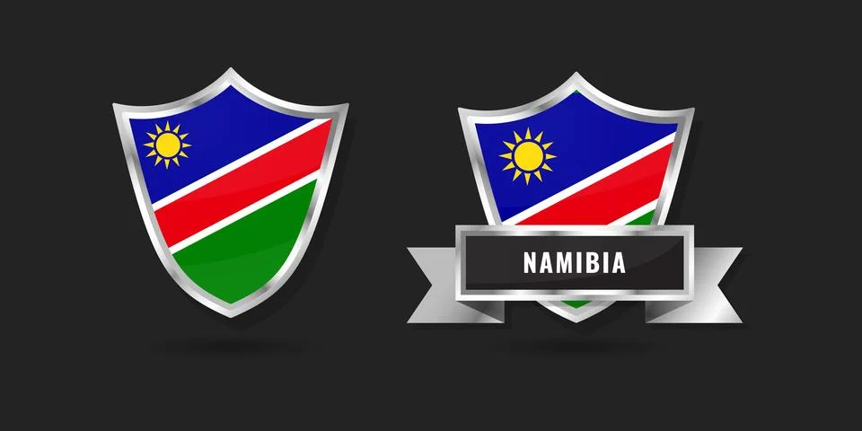 Namibia National Flag Shield and Ribbon Badge - Realistic Metallic Namibian.. Stock Illustration