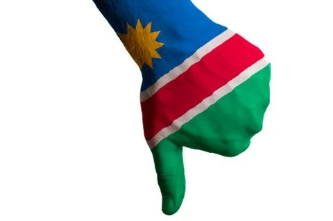 Namibia national flag thumbs down gesture for failure made with hand Stock Photos