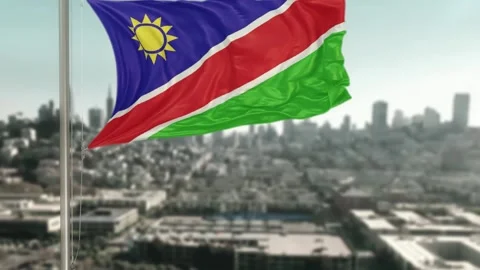 Namibia      Pole flag Against City Blurred Background 3D Rendering Stock-Footage 281433954