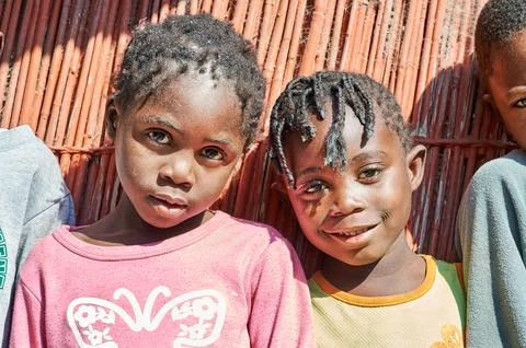 Namibia. Portrait of two joyful children in Kavango Region Stock Photos