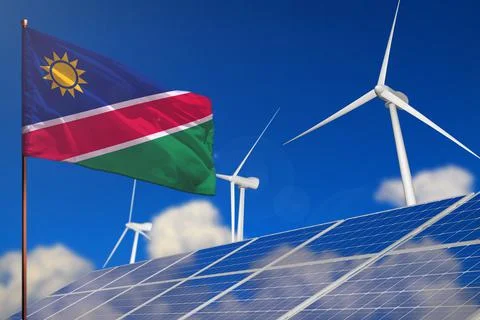 Namibia renewable energy, wind and solar energy concept with wind turbines Stock Illustration