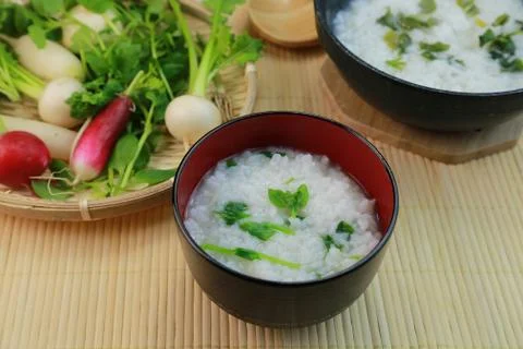 Nanakusa gayu (seven-herb rice porridge) Stock Photos