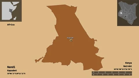 Nandi location. Kenya. Solid patterned map Stock Footage 135406827