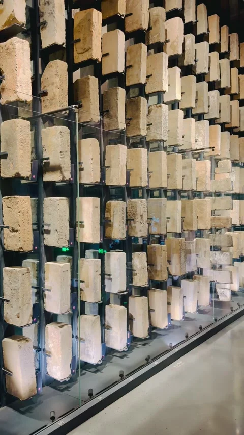NANJING, China - 2026/09/24: Brick samples in a glass case, cold tone Stock Footage 346279082
