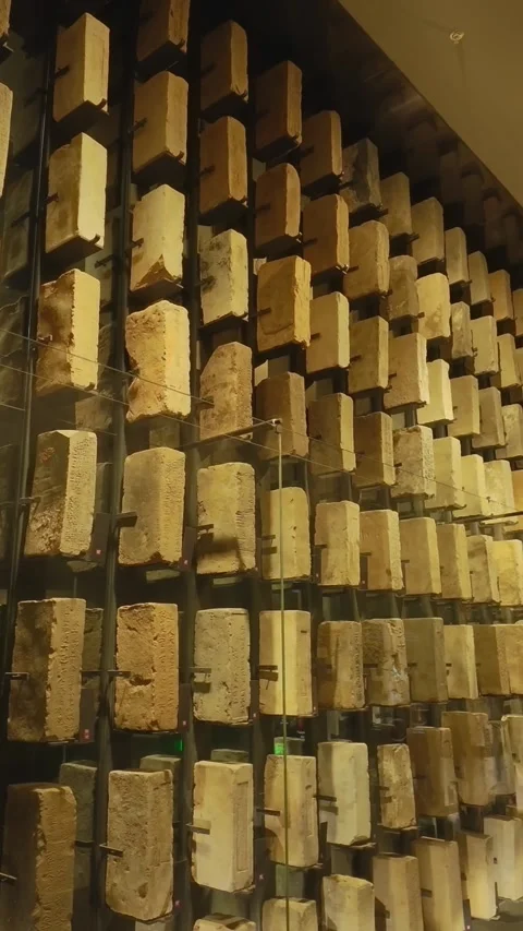 NANJING, China - 2026/09/24: Rows of ancient bricks on a museum panel Stock Footage 346279037