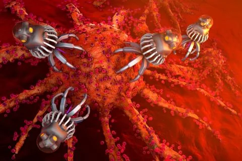 Nano Bots attacking a cancer cell Stock Illustration
