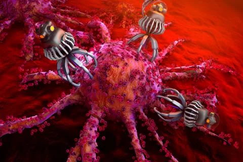 Nano Bots attacking a cancer cell Stock Illustration