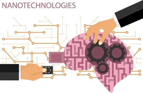 Nano technologies flat composition. Human brain with micro chip and metal Stockillustratie