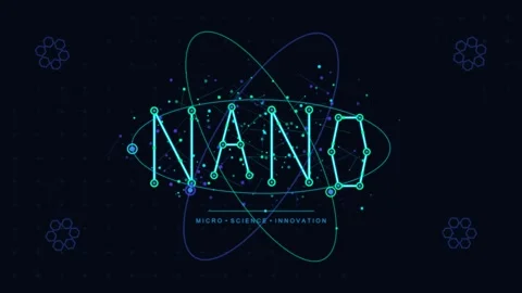 Nano technology science motion with orbiting atomic particles and digital c.. Stockbeeldmateriaal 347147198