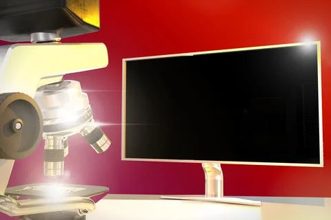 Nano technology study concept,   microscope and monitor 库存插图