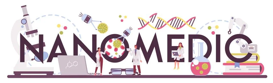 Nanomedic typographic header. Scientists work in labarotary on nanotechnology Stock Illustration
