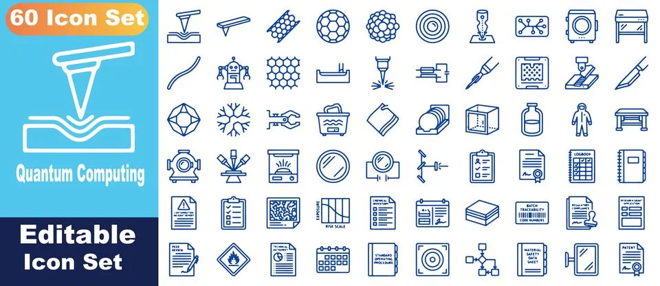 Nanotechnology and quantum computing icon sheet, 60 blue line icons for lab.. Stock Illustration