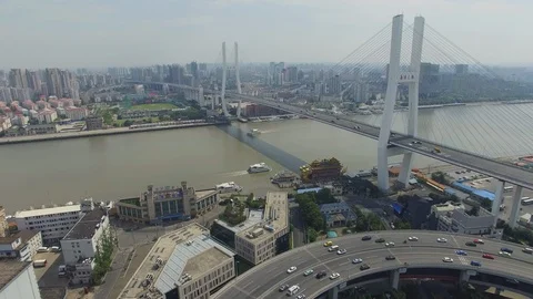 Nanpu circular shaped highway bridge aerial shot Stock Footage 118986768