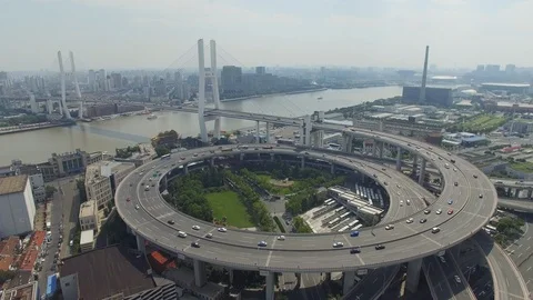 Nanpu circular shaped highway bridge aerial shot Stockbeeldmateriaal 118986794